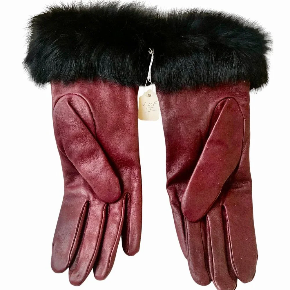 Vintage Leather Gloves Oxblood Brown Acrylic Lining Fur Cuffs Womens Large New